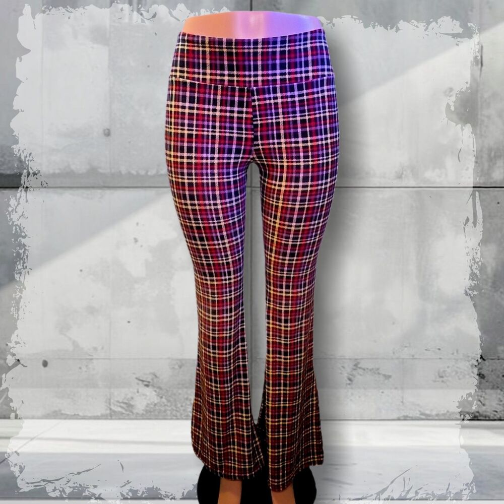 No Boundaries Tartan Plaid Flare Pants Pink Purple Goth Punk S Stretchy
